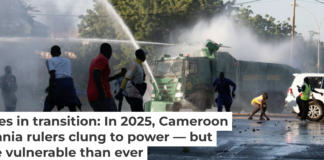 Protesters run as Cameroonian security forces use water cannons to disperse them during the country’s latest election, whose integrity was widely challenged. AP Photo/Welba Yamo Pascal